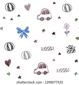 Dark Multicolor vector seamless texture with birthday gifts. Shining illustration with a toy car, heart, baloon, tulip, candy, ball. Pattern for birthday gifts.