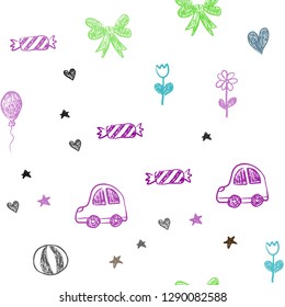 Dark Multicolor vector seamless texture with birthday gifts. Colorful illustration with a toy car, heart, baloon, tulip, candy, ball. Pattern for birthday gifts.