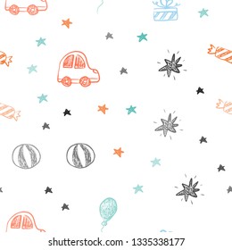 Dark Multicolor vector seamless texture in birthday style. Design in xmas style with a toy car, baloon, candy, star, ball. Design for holiday adverts.
