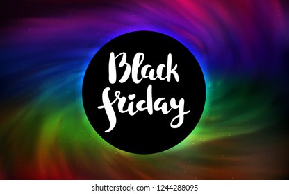 Dark Multicolor vector texture with a black hole, galaxy. Abstract illustration with glitter colorful cosmic stars. Backdrop for ads, leaflets of Black Friday.