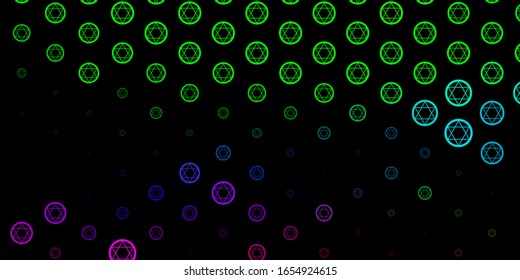 Dark Multicolor vector texture with religion symbols. Colorful vintage illustration with gradient alchemy shapes. Design for magic, spiritual events.