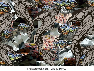Dark multicolored backdrop with bird and fish motifs for interiors or fabrics. Ornamental background with gray eagle heads and fish motifs for covers, wallpaper, tiles, fashion trends, dynamic posters