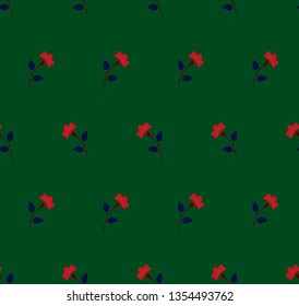 Dark multicolored minimalist repeat botanical pattern. Horizontal rows of flowers with stems and leaves. Green, emerald, blue, red colors. Seamless symmetrical geometric pattern. Vector illustration.