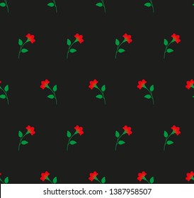 Dark multicolored minimalist repeat botanical pattern. Horizontal rows of flowers with stems and leaves. Green, red, black colors. Seamless symmetrical geometric pattern. Vector illustration.