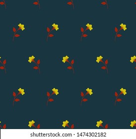 Dark multicolored minimalist repeat botanical pattern. Horizontal rows of flowers with stems and leaves. Symmetrical geometric seamless pattern. Vector illustration.