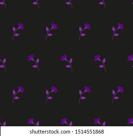 Dark multicolored minimalist repeat botanical pattern. Horizontal rows of flowers with stems and leaves. Symmetrical geometric seamless pattern. Vector illustration.