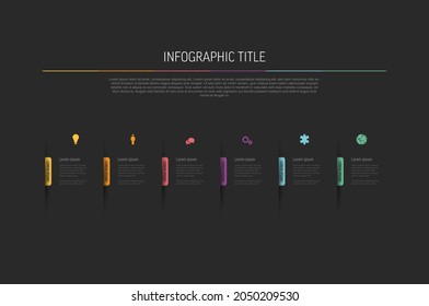 Dark multipurpose Six elements infographic with colored bookmarks and icons on black background. Minimalistic simple infograph with six sections and descriptions