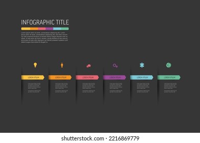 Dark multipurpose Six elements infographic with colored attow bookmarks and icons on gray  background. Minimalistic simple infograph with six sections and descriptions