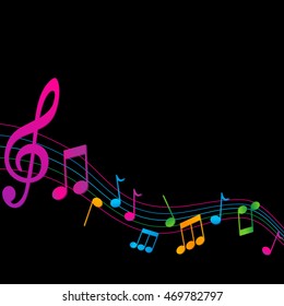 Dark music background with colorful musical notes and treble clef on black background.