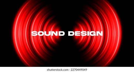 Dark music background with oscillating red light circle sound waves. Visualization of the drums and beats. Audio equalizer EQ. Vinyl record. Vector glowing round waves light effect.