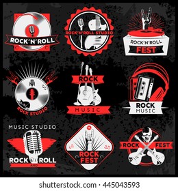 Dark music label set with descriptions of rock n roll studio fest music and rock studio vector illustration