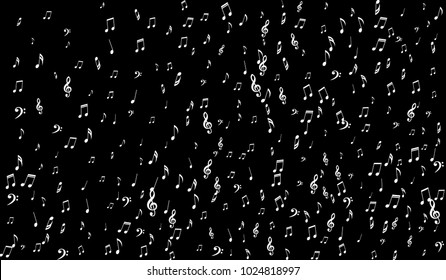 Dark Musical Background. White Music Symbols on Black Background. Notes, Treble and Bass Clefs. Vector