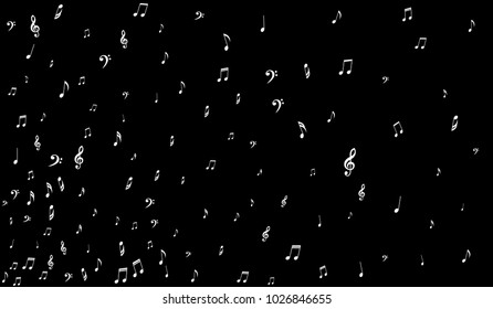 Dark Musical Background. White Music Symbols on Black Background. Notes, Treble and Bass Clefs. Vector