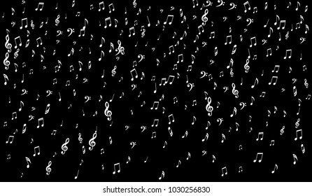 Dark Musical Background. White Music Symbols on Black Background. Notes, Treble and Bass Clefs. Vector