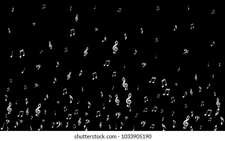 Dark Musical Background. White Music Symbols on Black Background. Notes, Treble and Bass Clefs. Vector
