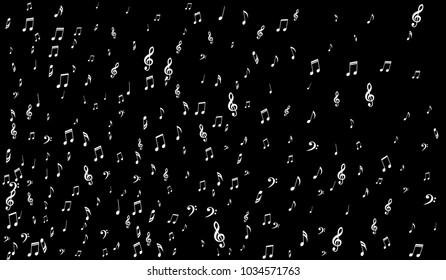 Dark Musical Background. White Music Symbols on Black Background. Notes, Treble and Bass Clefs. Vector