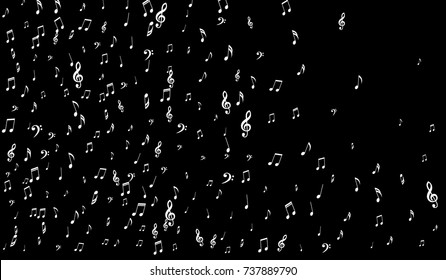Dark Musical Background. White Music Symbols on Black Background. Notes, Treble and Bass Clefs. Vector