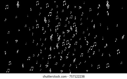 Dark Musical Background. White Music Symbols on Black Background. Notes, Treble and Bass Clefs. Vector