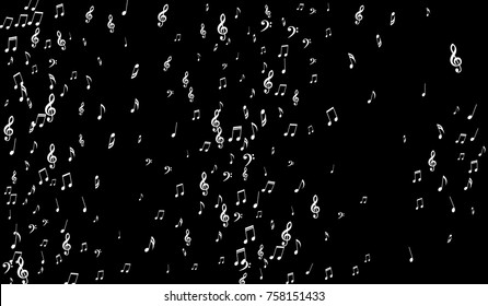 Dark Musical Background. White Music Symbols on Black Background. Notes, Treble and Bass Clefs. Vector