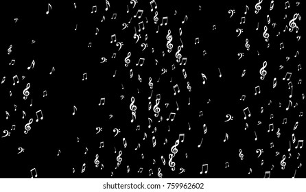 Dark Musical Background. White Music Symbols on Black Background. Notes, Treble and Bass Clefs. Vector