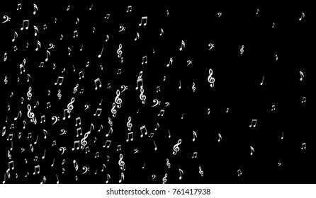 Dark Musical Background. White Music Symbols on Black Background. Notes, Treble and Bass Clefs. Vector