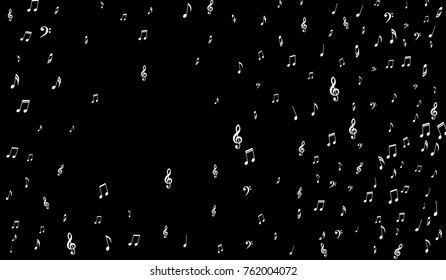 Dark Musical Background. White Music Symbols on Black Background. Notes, Treble and Bass Clefs. Vector