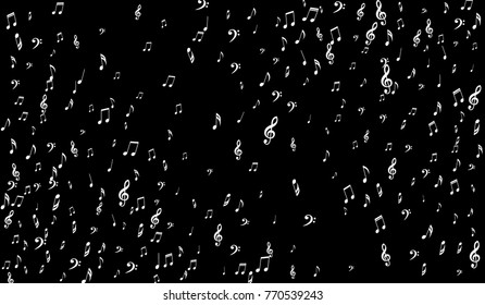 Dark Musical Background. White Music Symbols on Black Background. Notes, Treble and Bass Clefs. Vector