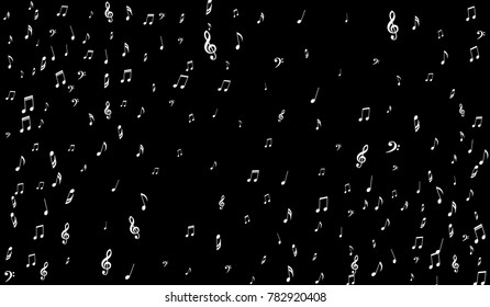 Dark Musical Background. White Music Symbols on Black Background. Notes, Treble and Bass Clefs. Vector
