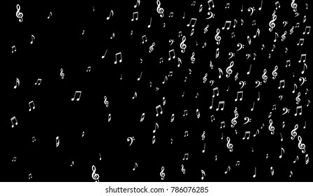 Dark Musical Background. White Music Symbols on Black Background. Notes, Treble and Bass Clefs. Vector