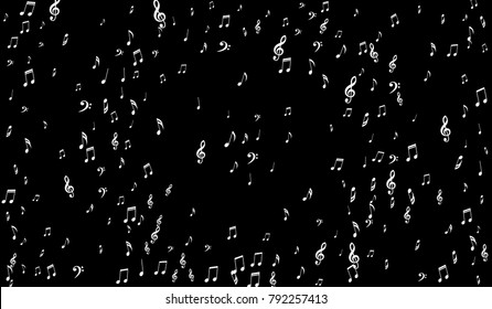 Dark Musical Background. White Music Symbols on Black Background. Notes, Treble and Bass Clefs. Vector