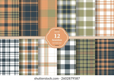 Dark Mustard and Soft Crimson Seamless Tartan Fabric Design Set of 12