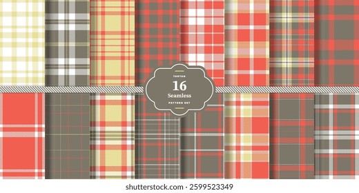 Dark Mustard Tartan patterns fabric texture. Modern Vibrant Red Seamless Tartan Set of 16