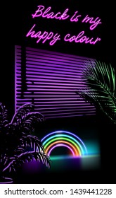 Dark Mysterious Neo-noir room with open window. Neon ultraviolet fluorescent signboard "Black is my happy colour". Ambient horror and suspense atmosphere, Retrowave/ Vaporwave 80s-90s style.