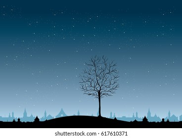 Dark and mysterious night over city int the valley and leafless tree on the hill
vector illustration
