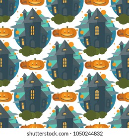 Dark mysterious obscure gloomy terrible witch castle spooky seamless pattern halloween design vector illustration