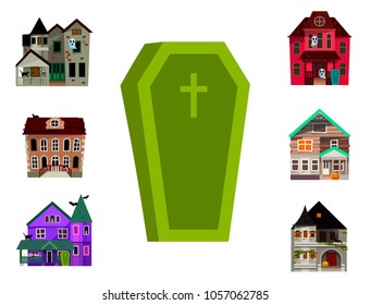 Dark mysterious obscure gloomy terrible witch castle coffin with spooky for Halloween design vector illustration