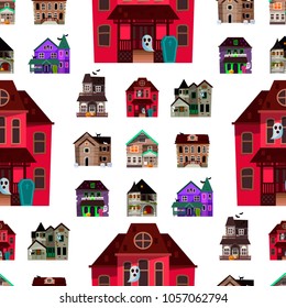 Dark mysterious obscure gloomy terrible witch castle with spooky for Halloween design seamless pattern background vector illustration