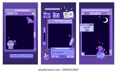 Dark mysterious stories template. Social media set design. Magical, witchy aesthetics cute kawaii backgrounds pack. Old computer elements, windows, icons.