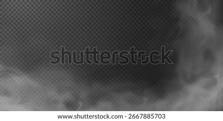 Dark, mysterious water surface glowing with neon light from beneath, shrouded in drifting smoke. Spooky white illumination rises from underwater, with fog and realistic 3D night flare effects.