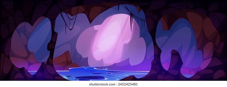 Cueva misteriosa oscura con lago o río subterráneo y luz rosa a través de un agujero o entrada. Ilustración vectorial de dibujos animados de caverna montañosa oculta con paredes rocosas y estalactitas, agua azul en el estanque.