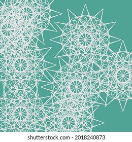 Dark Mystery Light Ornamental Calm Chaotic Vintage Azure Wallpaper. Ice Green Luxury Silver Messy White Textile Folk Ornament. Lace Complicated Stars Mandala Print Pastel Turquoise Grey Illustration.