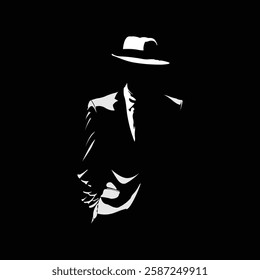 Dark Mystery Man vector Illustration, a silhouette Man with Hat and suit vector illustration