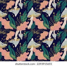 Dark mystical forest vector seamless pattern with leaves, mushrooms and fairy dust and stars