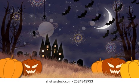 Uma ilustração sombria e mística de Halloween com um céu noturno cheio de estrelas espirais, uma lua crescente e planetas. 