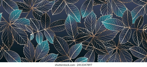 Dark mystical luxury botanical background with holographic branches and leaves with golden outline. Botanical abstract postcard, cover design, wallpaper