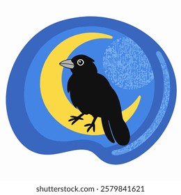 A dark, mystical raven perched on a glowing crescent moon with a cosmic aura.