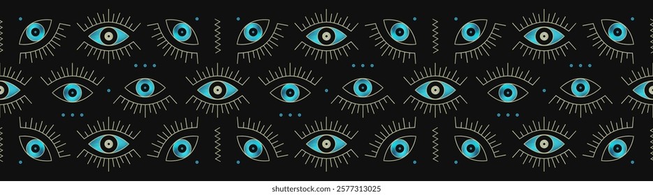 Dark mystical seamless vector pattern featuring stylized blue eyes with golden geometric circles and radial lines. Art deco inspired design with repeating motifs in turquoise and gold colors.