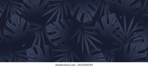 Dark mystical tropical background with monstera and palm leaves. Botanical postcard, cover design, wallpaper