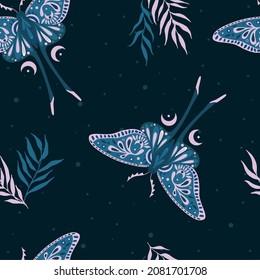 Dark and mystical vector seamless pattern with moths, moons on deep blue background. Perfect for textile, wallpaper or print design