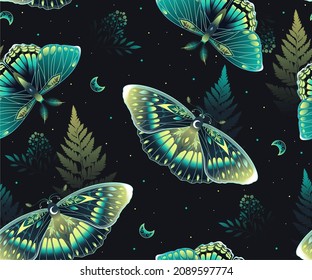 Dark and mystical vector seamless pattern with green moths on black background. Perfect for textile, wallpaper or print design.